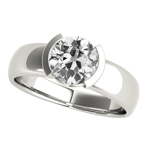 Old Cut Real Diamond Solitaire Anniversary Ring Half Bezel Set 1.50 Carats