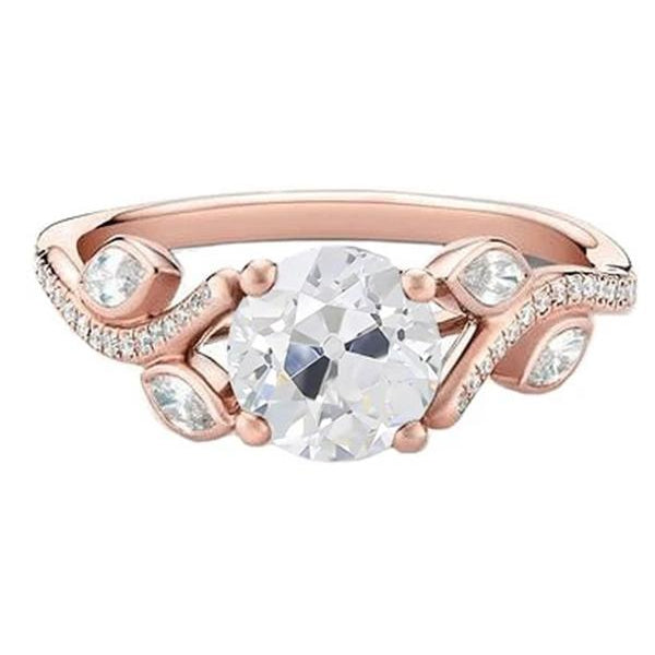 Old Cut Round & Marquise Real Diamond Ring Rose Gold 2 Carats Split Shank