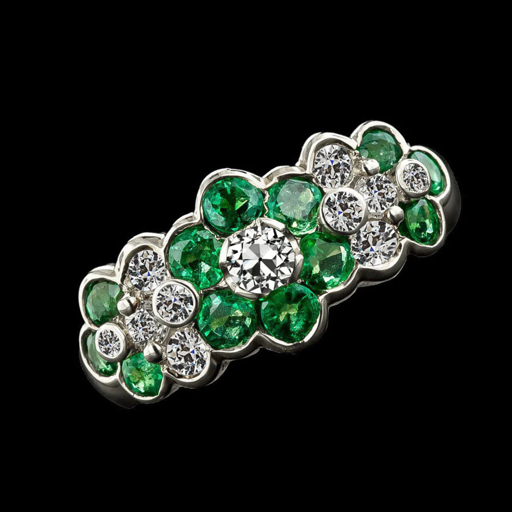 Old Cut Round Real Diamond & Green Sapphire Ring Flower Style 4.75 Carats