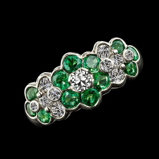 Old Cut Round Real Diamond & Green Sapphire Ring Flower Style 4.75 Carats