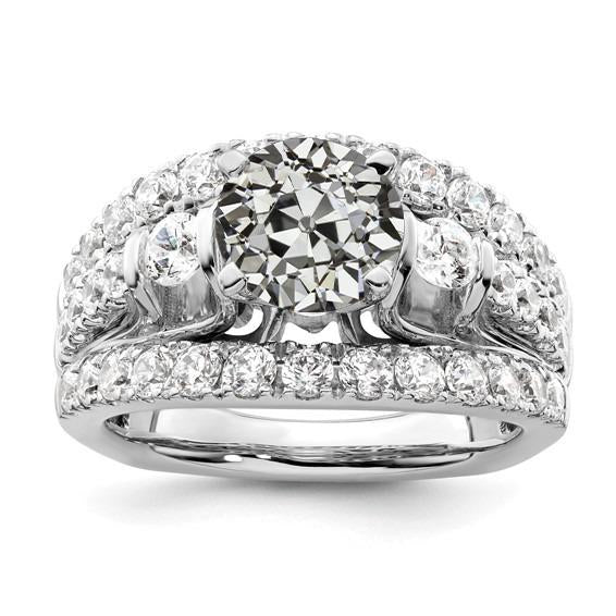 Old Mine Cut Genuine Diamond Ring With Triple Row Accents 5 Carats