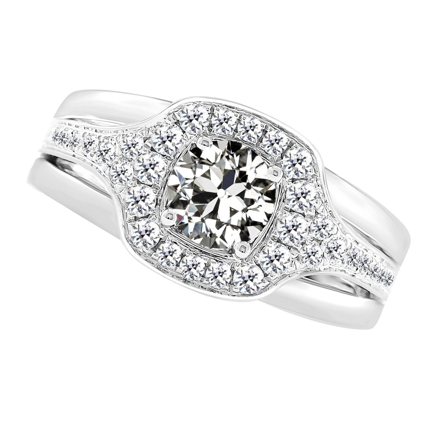 Diamond Antique Cushion Halo Setting Ring in 14K White Gold – main view