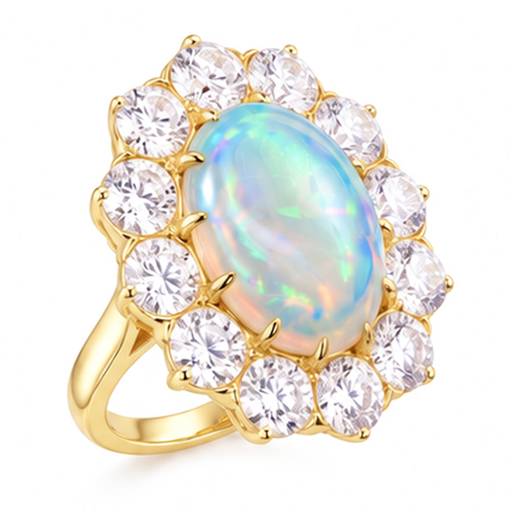Opal And Natural Earth Mined Diamonds 6.75 Carats Anniversary Ring Gold 14K New