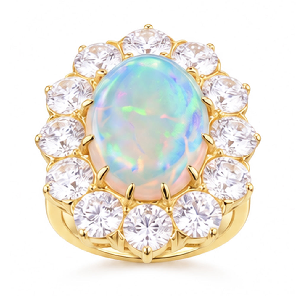 Opal And Natural Earth Mined Diamonds 6.75 Carats Anniversary Ring Gold 14K New
