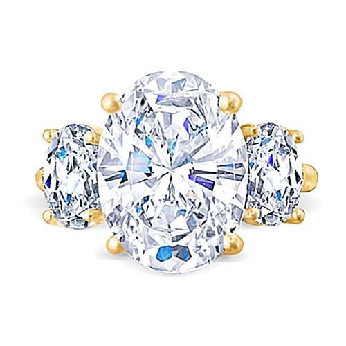 Oval 3 Carat Natural Diamond Three Stone Engagement Ring Yellow Gold Jewelry