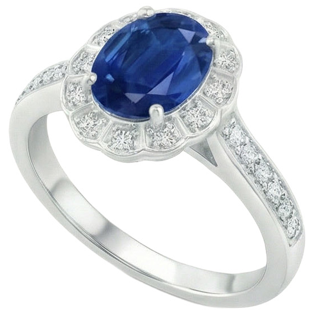 Oval And Round Cut 4.20 Ct Sapphire And Natural Earth Mined Diamonds Ring White Gold 14K