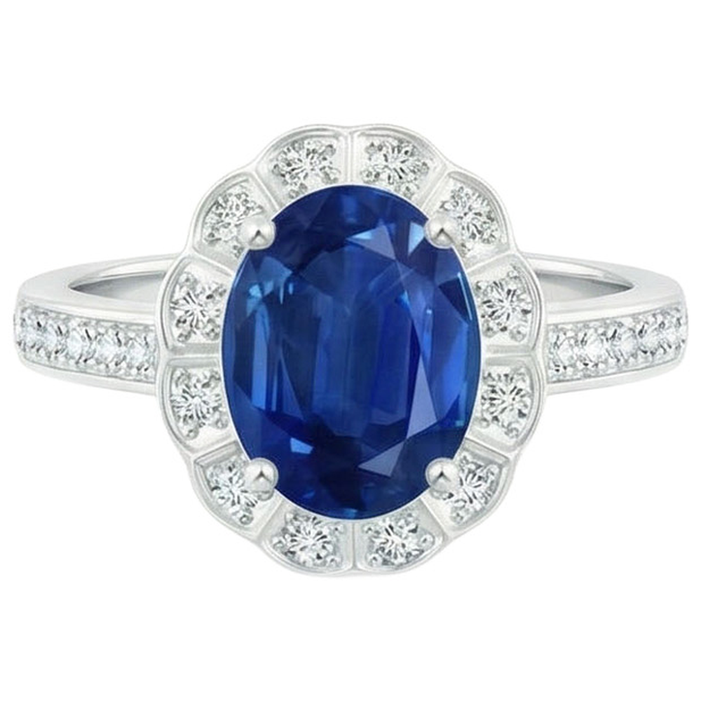 Oval And Round Cut 4.20 Ct Sapphire And Natural Earth Mined Diamonds Ring White Gold 14K