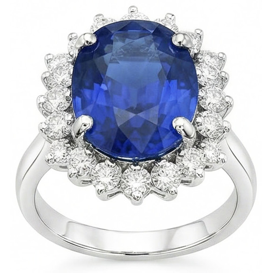 Oval And Round Cut Ceylon Color Sapphire 8.01 Carat IGI CERTIFIED Diamonds Ring WG 14K