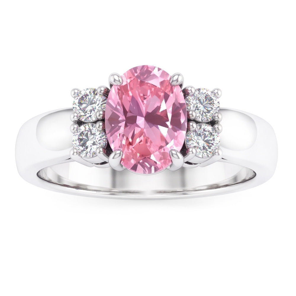 Oval And Round Cut Pink Sapphire Natural Earth Mined Diamonds Ring 2.10 Ct White Gold 14K