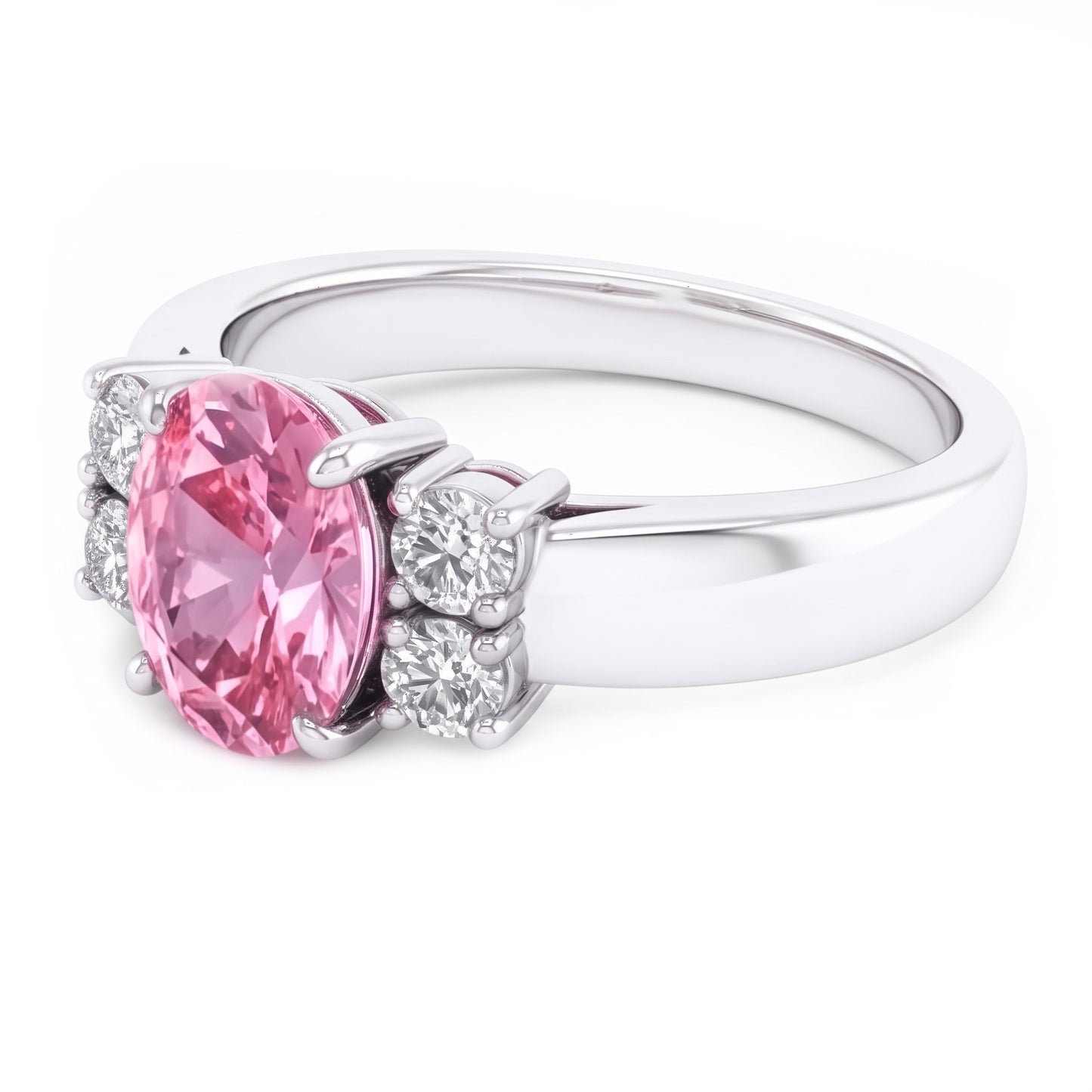 Oval And Round Cut Pink Sapphire Natural Earth Mined Diamonds Ring 2.10 Ct White Gold 14K
