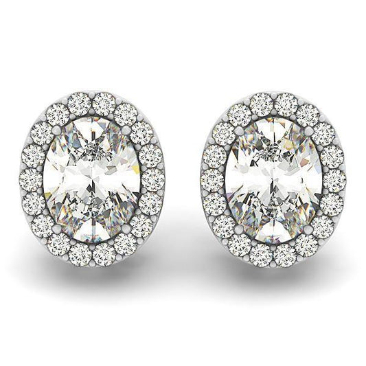 Oval And Round Halo Genuine Diamond Stud Earring 2.90 Carat White Gold 14K