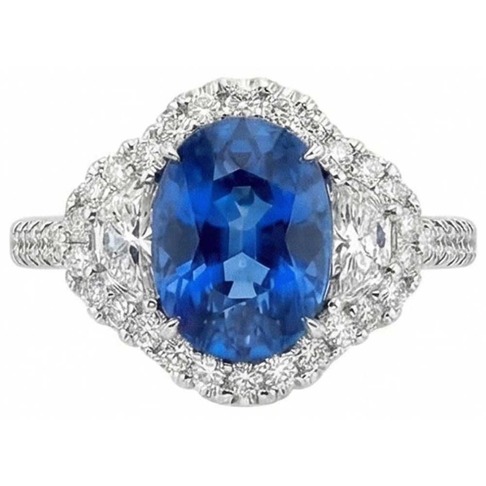 Oval Blue Sapphire And Natural Earth Mined DIAMOND ( NOT LAB GROWN ) Ring White Gold Jewellery 2 Ct.