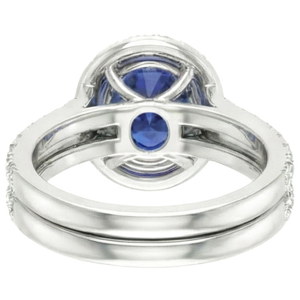 Oval Blue Sapphire Halo Engagement Ring Set 10.25 Carats White Gold