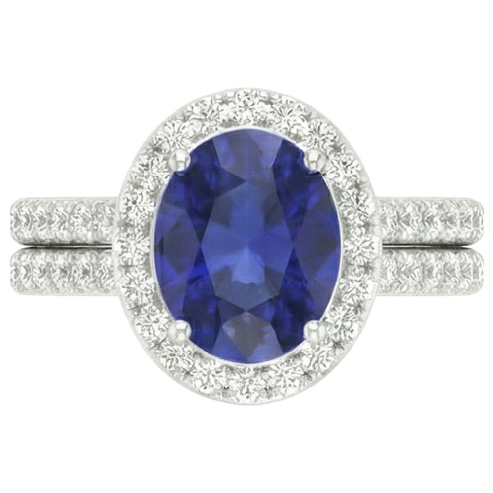 Oval Blue Sapphire Halo Engagement Ring Set 10.25 Carats White Gold