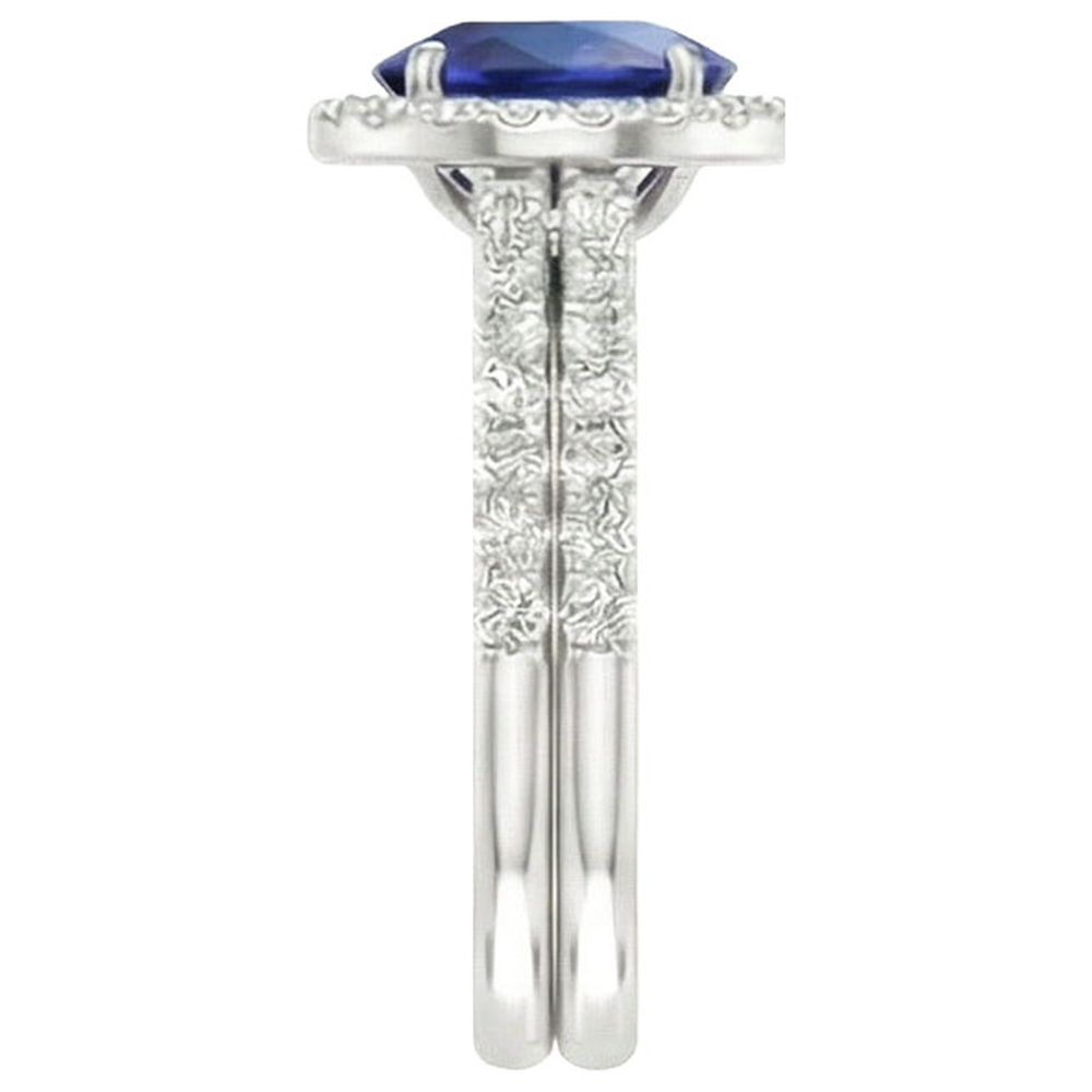 Oval Blue Sapphire Halo Engagement Ring Set 10.25 Carats White Gold