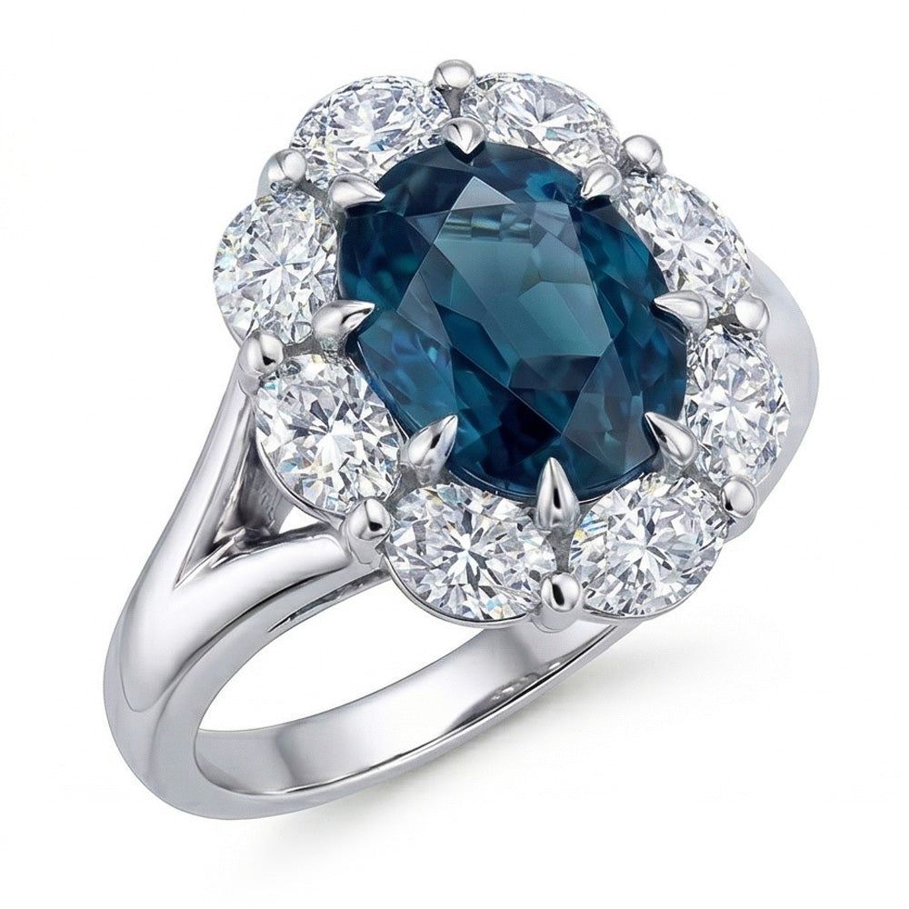Oval Blue Sapphire Halo Natural Earth Mined Diamond Wedding Ring 3.30 Ct. White Gold 14K