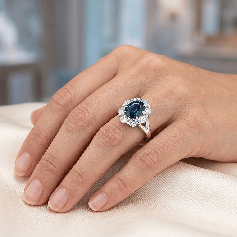 Oval Blue Sapphire Halo Natural Earth Mined Diamond Wedding Ring 3.30 Ct. White Gold 14K