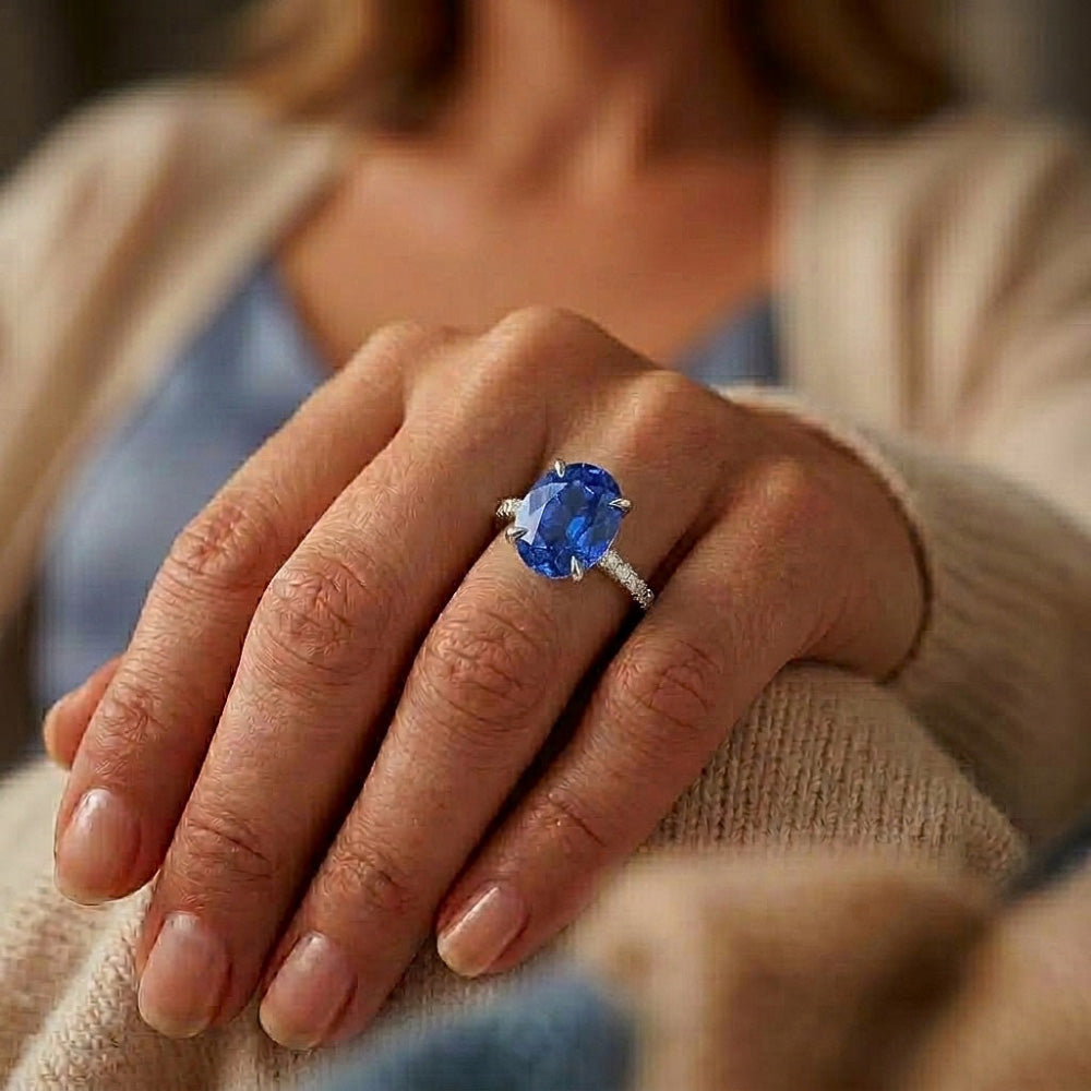 Oval Blue Sapphire Natural Earth Mined Diamond Engagement Ring Claw Prong Setting 6 Carats