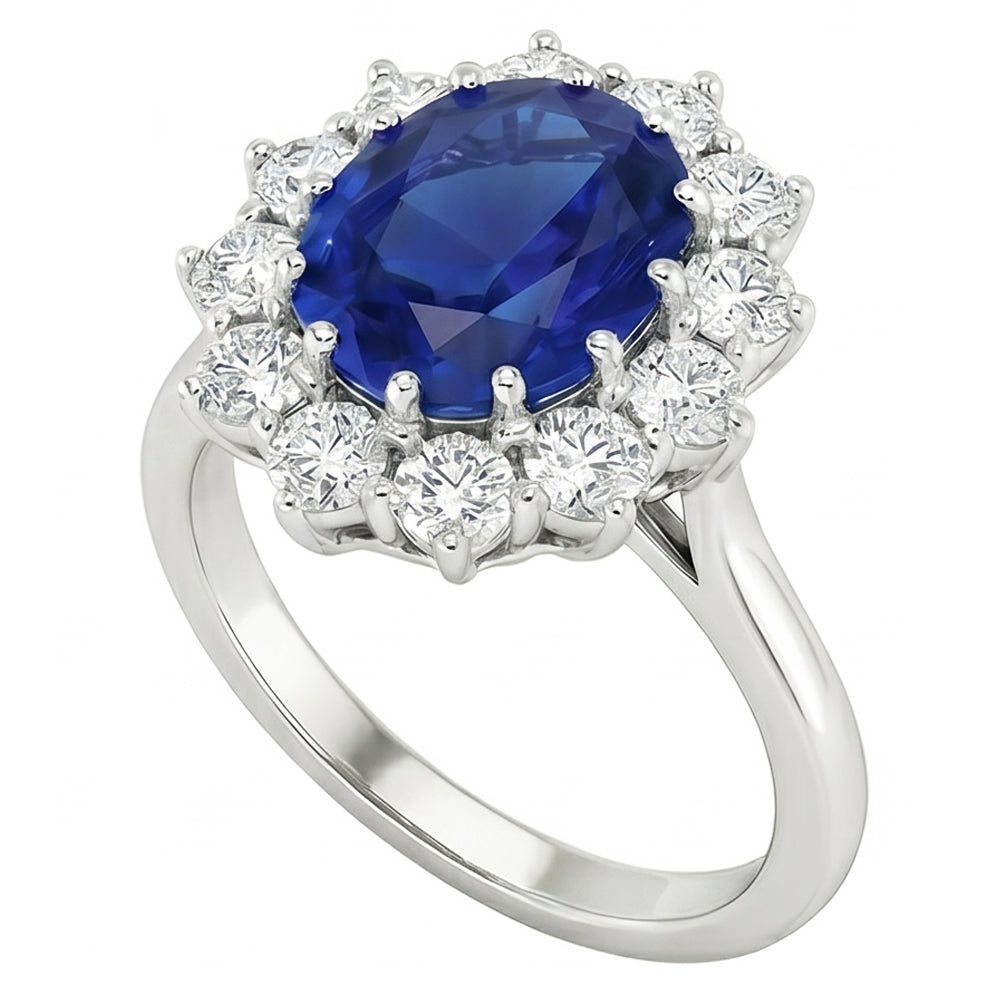 Oval Blue Sapphire & Round Natural Earth Mined DIAMOND ( NOT LAB GROWN )s Halo Ring 6.50 Ct. White Gold 14K