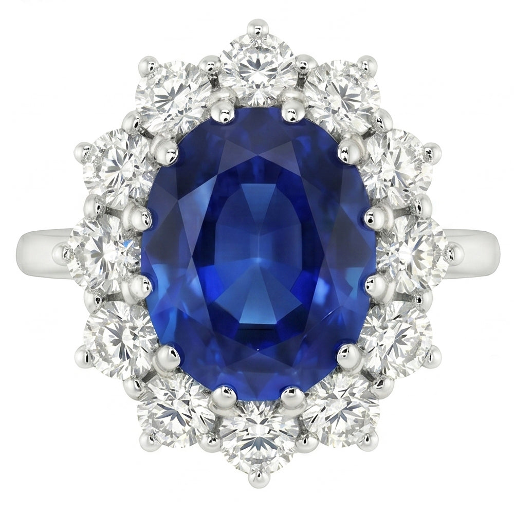 Oval Blue Sapphire & Round Natural Earth Mined DIAMOND ( NOT LAB GROWN )s Halo Ring 6.50 Ct. White Gold 14K