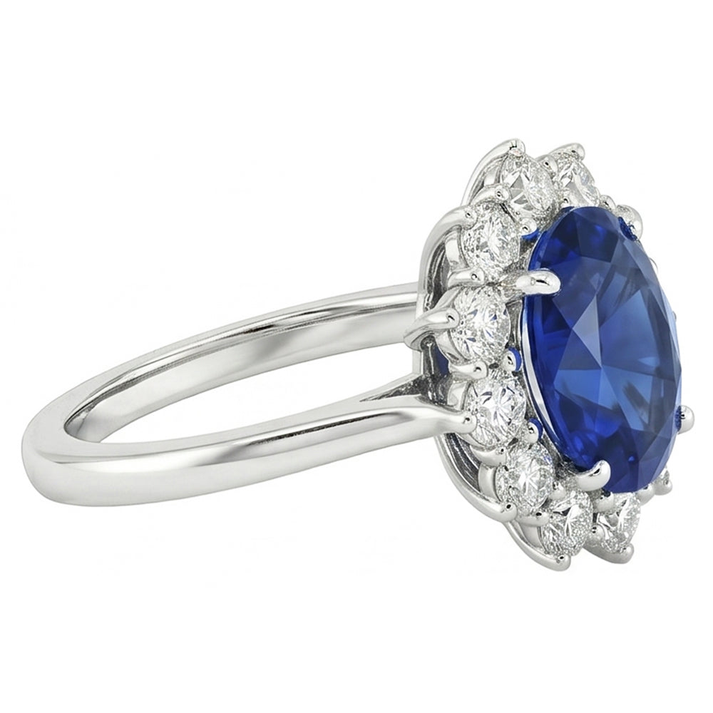 Oval Blue Sapphire & Round Natural Earth Mined DIAMOND ( NOT LAB GROWN )s Halo Ring 6.50 Ct. White Gold 14K