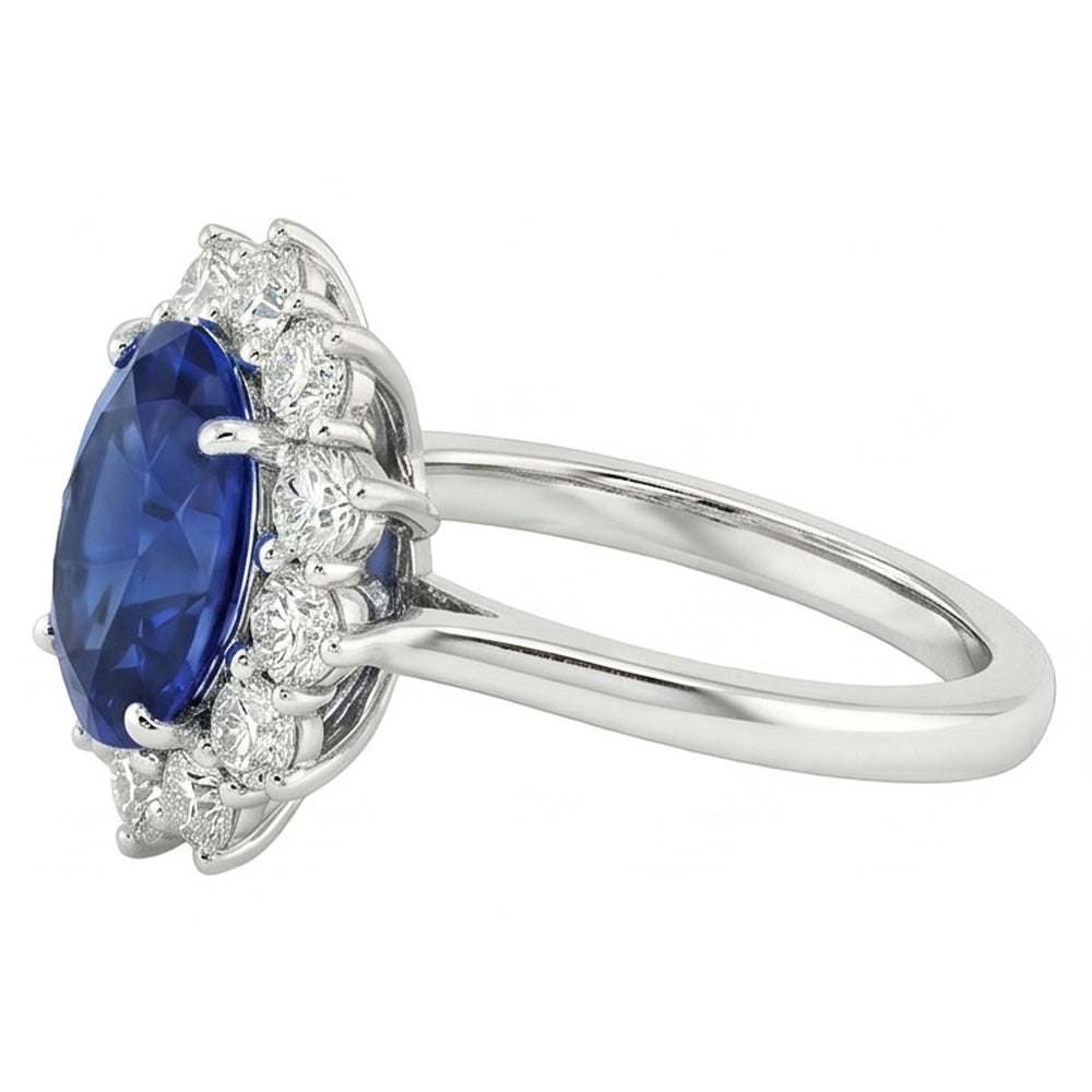 Oval Blue Sapphire & Round Natural Earth Mined DIAMOND ( NOT LAB GROWN )s Halo Ring 6.50 Ct. White Gold 14K