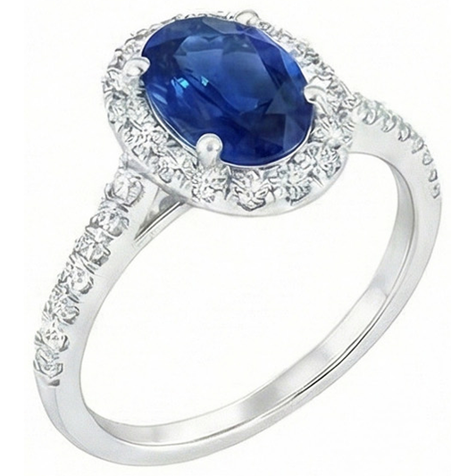 Oval Ceylon Sapphire And Natural Earth Mined Diamond Ring Solid Gold 14K