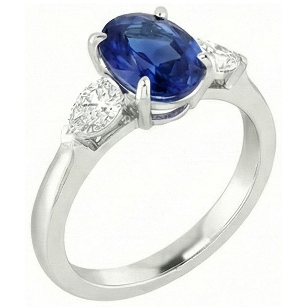 Oval Ceylon Sapphire And Pear Natural Earth Mined DIAMOND ( NOT LAB GROWN ) Three Stone Ring Gold 14K 3 Ct