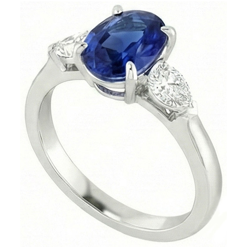 Oval Ceylon Sapphire And Pear Natural Earth Mined DIAMOND ( NOT LAB GROWN ) Three Stone Ring Gold 14K 3 Ct