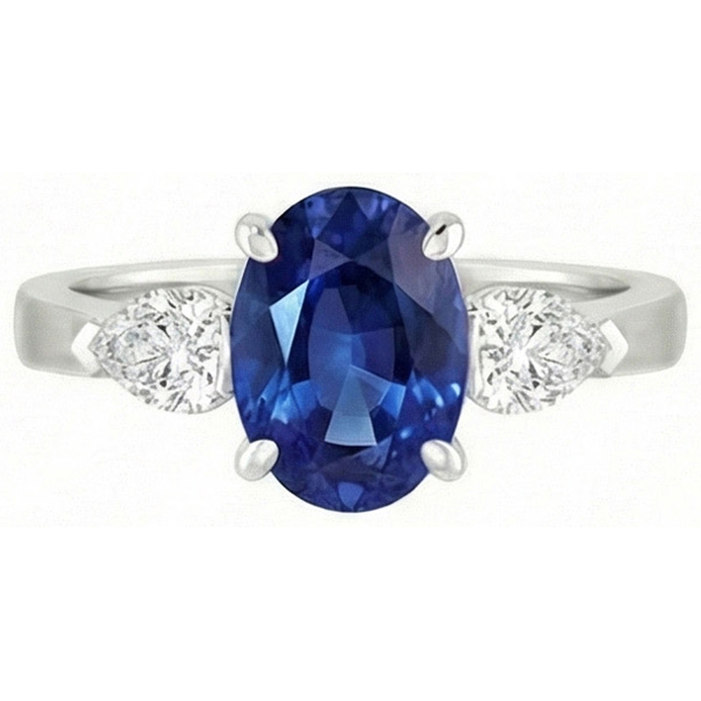Oval Ceylon Sapphire And Pear Natural Earth Mined DIAMOND ( NOT LAB GROWN ) Three Stone Ring Gold 14K 3 Ct
