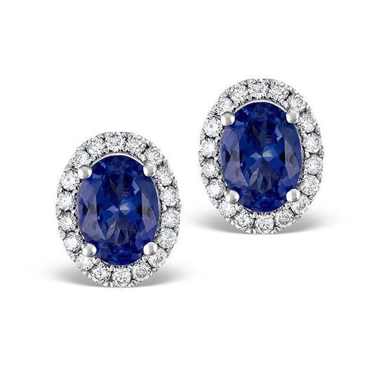 Oval Ceylon Sapphire Diamond Stud Earring White Gold 14K 5.40 Ct.