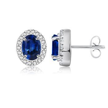 Oval Ceylon Sapphire Halo Diamond Stud Earring White Gold 14K 2.40 Ct.