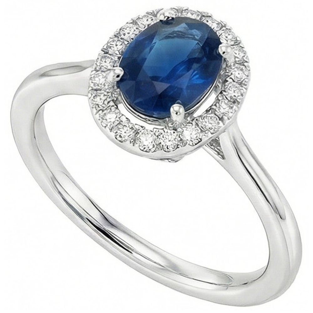 Oval Ceylon Sapphire Round Natural Earth Mined Diamonds 2.50 Carats Ring White Gold 14K