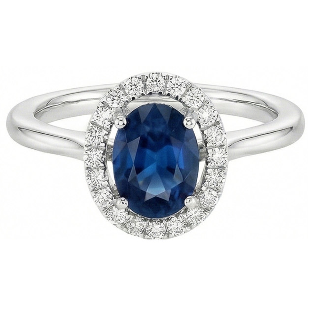 Oval Ceylon Sapphire Round Natural Earth Mined Diamonds 2.50 Carats Ring White Gold 14K