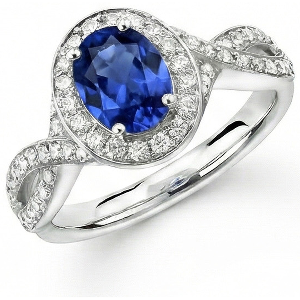 Oval Ceylon Sapphire & Round Natural Earth Mined DIAMOND ( NOT LAB GROWN ) Ring 1.55 Carat White Gold 14K