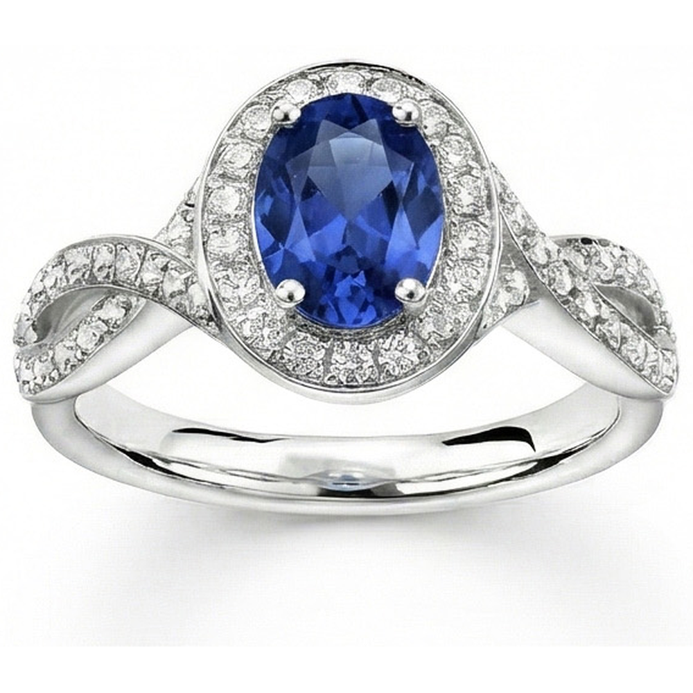 Oval Ceylon Sapphire & Round Natural Earth Mined DIAMOND ( NOT LAB GROWN ) Ring 1.55 Carat White Gold 14K
