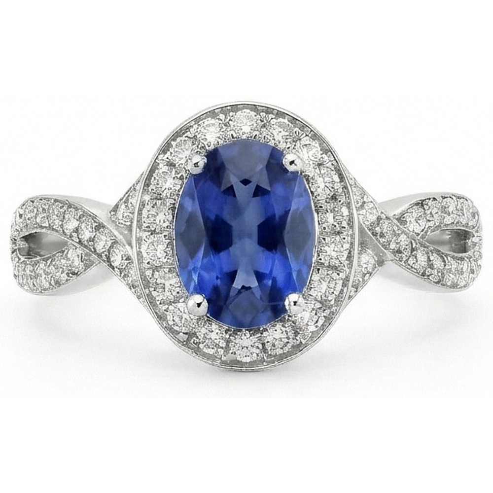 Oval Ceylon Sapphire & Round Natural Earth Mined DIAMOND ( NOT LAB GROWN ) Ring 1.55 Carat White Gold 14K