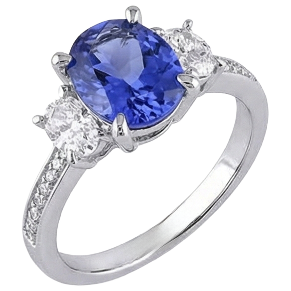 Oval Cut 4.50 Ct. Tanzanite With Natural Earth Mined Diamonds 3 Stone Style Ring 14K