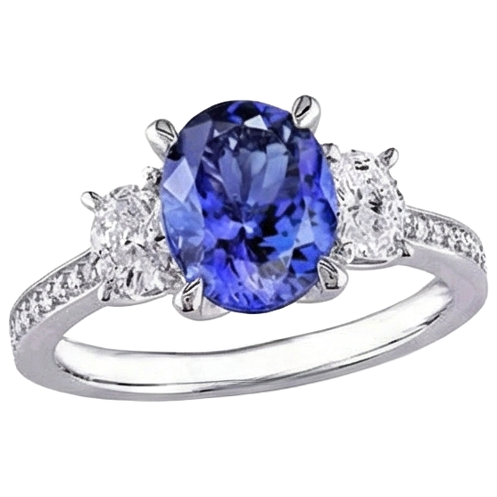 Oval Cut 4.50 Ct. Tanzanite With Natural Earth Mined Diamonds 3 Stone Style Ring 14K