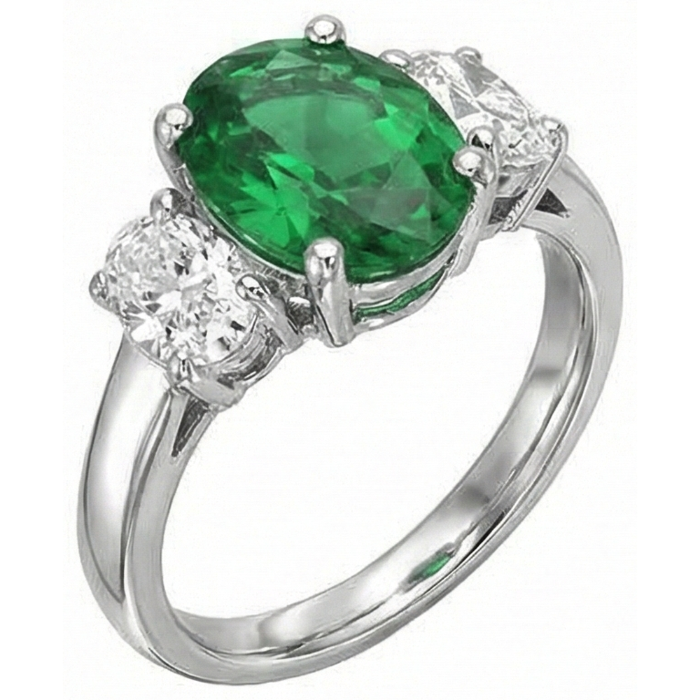 Oval Cut 6.50 Carats Green Emerald And Natural Earth Mined DIAMOND ( NOT LAB GROWN )s 3 Stone Ring White Gold 14K