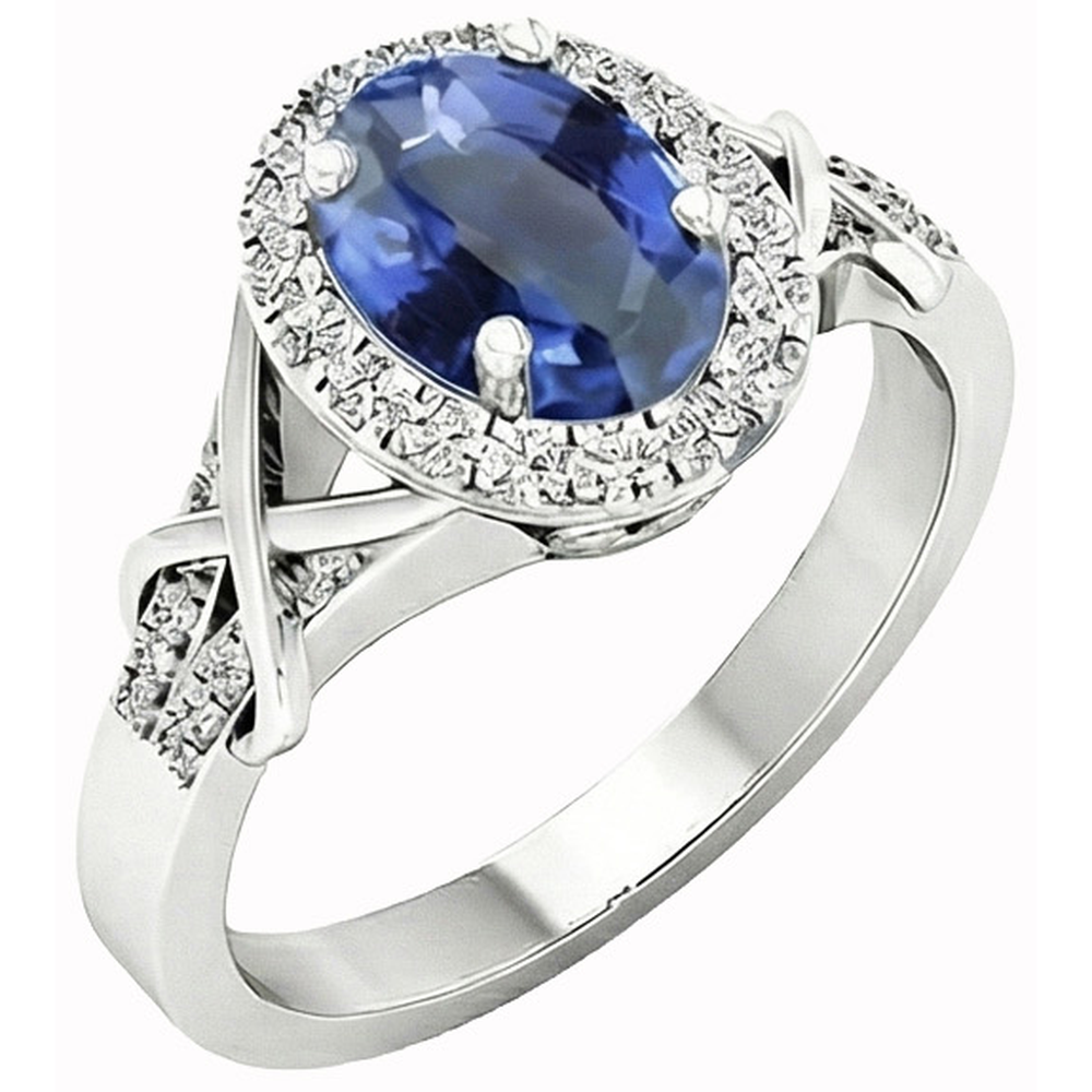 Oval Cut Ceylon Sapphire And Round Natural Earth Mined DIAMOND ( NOT LAB GROWN ) Ring Gold 1.80 Ct