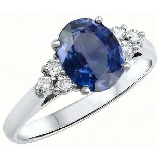 Oval Cut Ceylon Sapphire And Round Natural Earth Mined DIAMOND ( NOT LAB GROWN )s Engagement Ring 3.40 Ct