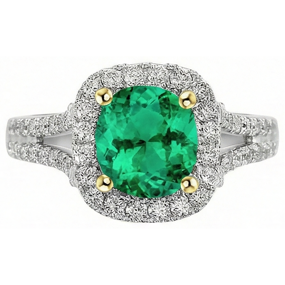 Colombian Emerald Gemstone Ring 2-ct 14 Karat Two Tone Gold – front view