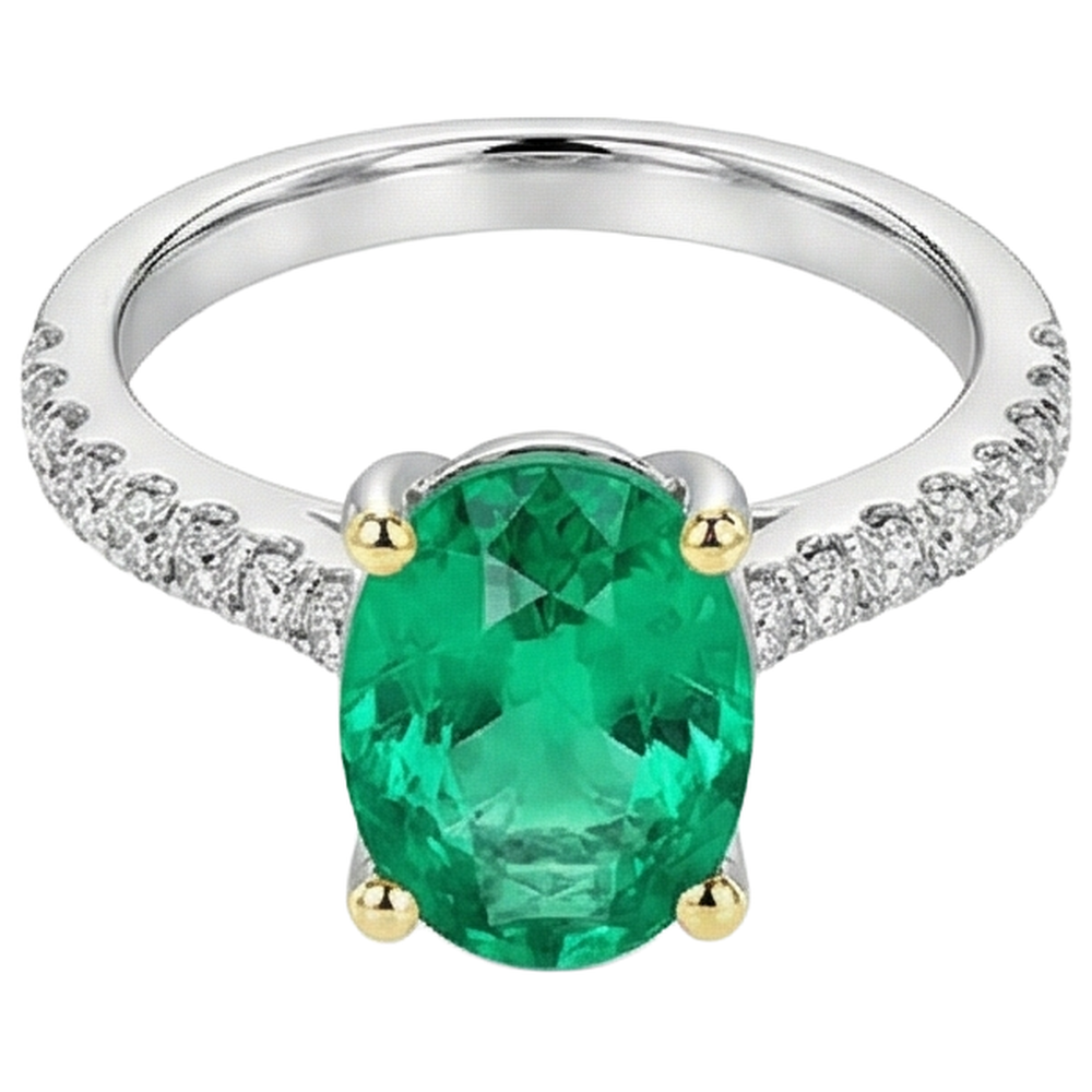 Real Fine Emerald Colored Stone Ring 3.50 ct Two-Tone 14K Gold – profile view