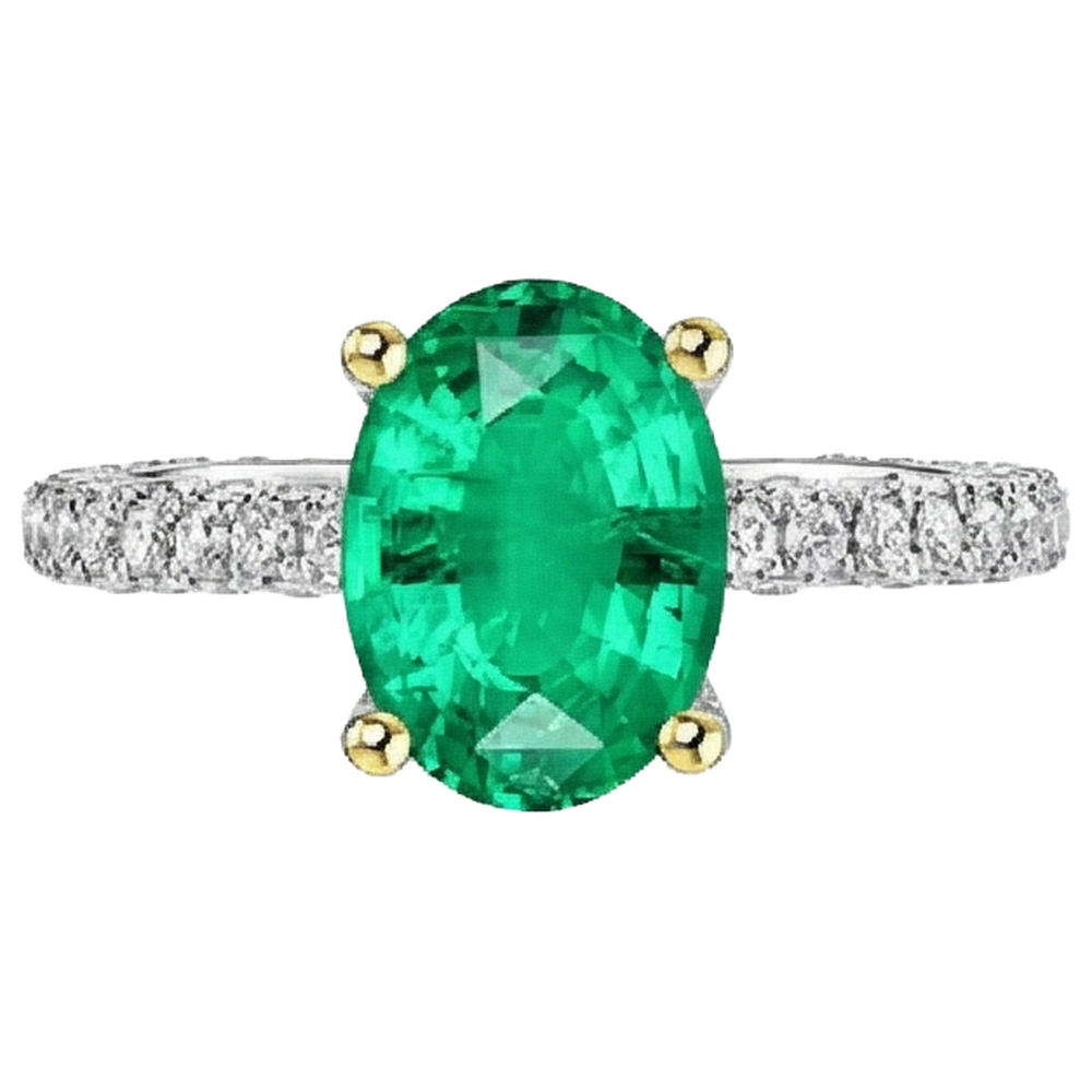 Oval Cut Fine Emerald ring in Two-Tone 14K Gold – side view