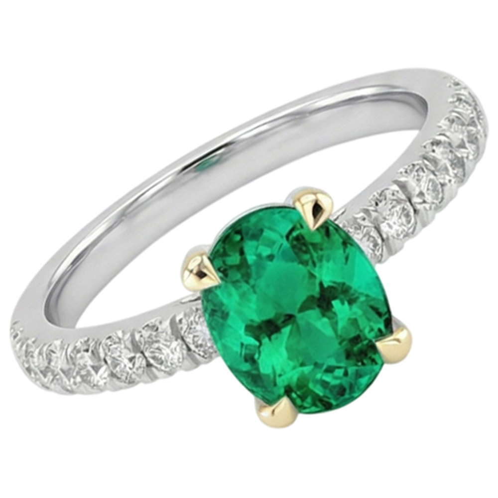 Colombian Emerald Oval Cut Colored Stone Ring in Two-Tone 14K Gold – angle view