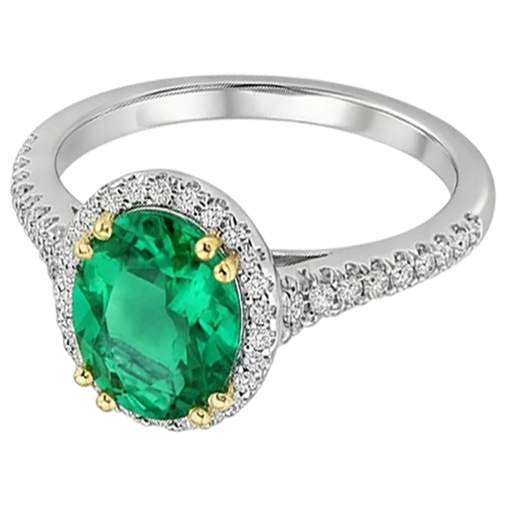 Real Fine Emerald Gemstone Ring 4 ct 14 Karat Two Tone Gold – front view