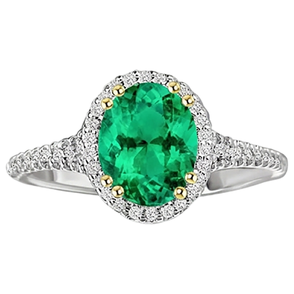 Oval Cut Fine Emerald ring in 14 Karat Two Tone Gold – angle view