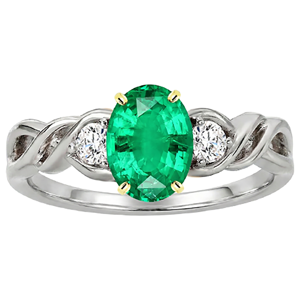 Emerald Oval Colored Stone Ring in 14 Karat Two Tone Gold – front view
