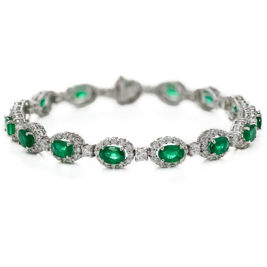 Oval Cut Green Emerald With Diamonds Women Tennis Bracelet 14K 8.5 Ct.